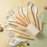Cream Silicone Utensil Set With Holder